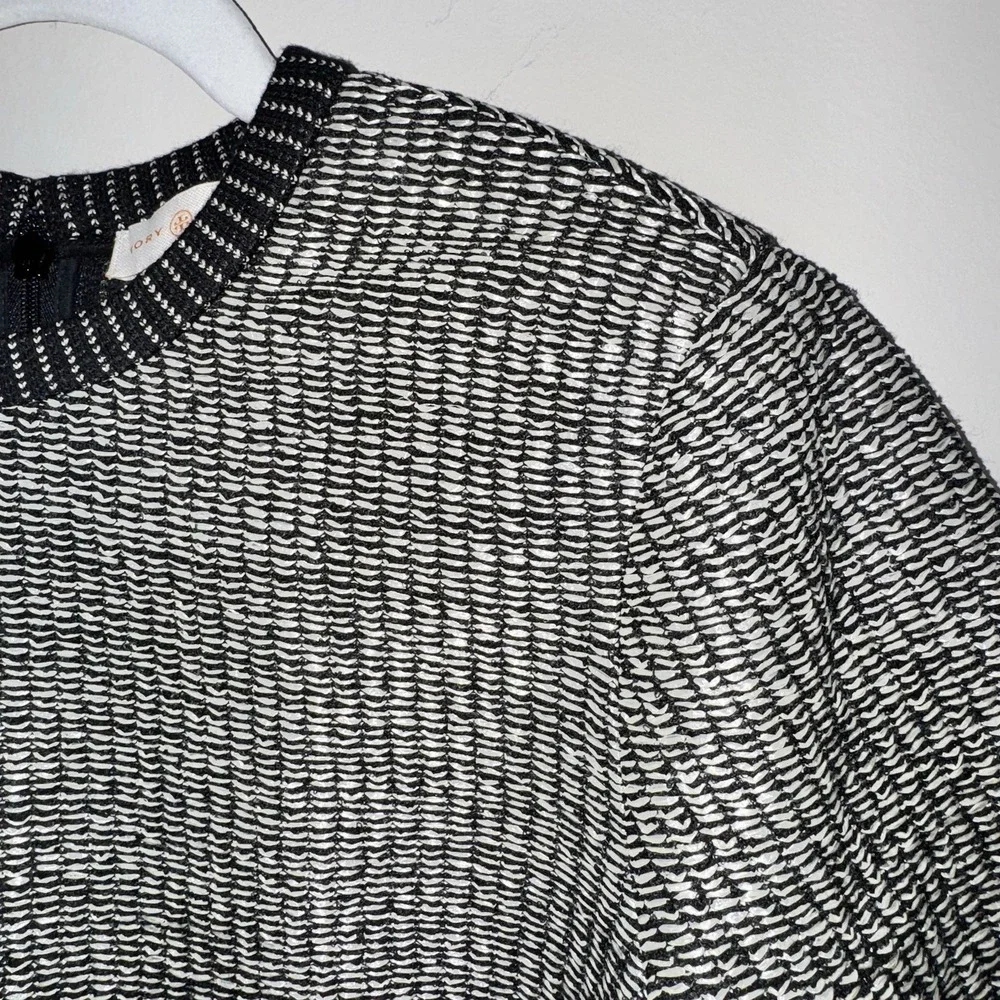 Tory Burch Raffia Sweater Black & Cream Crew Neck Zip Womens Sz Small Petite - Picture 3 of 16